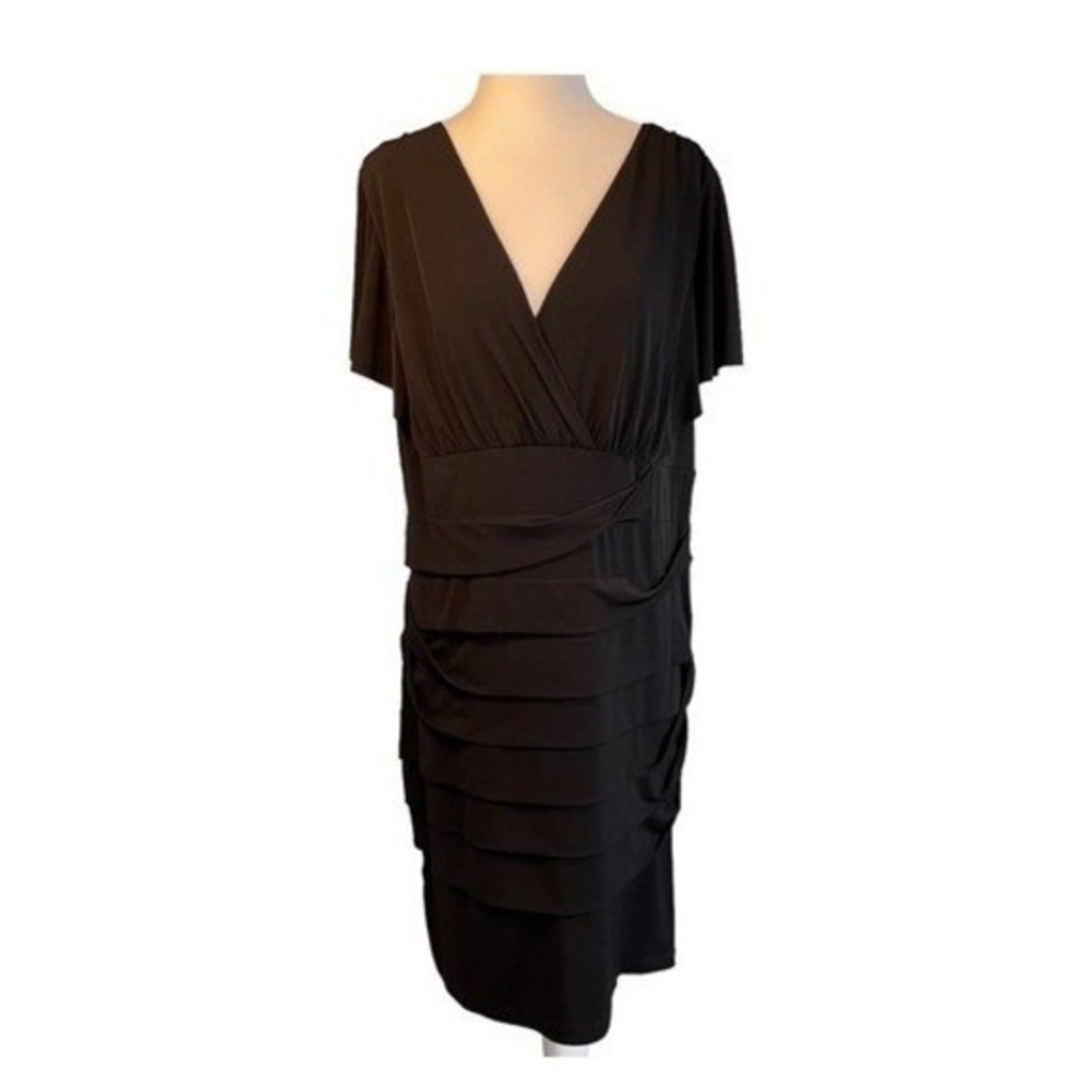 EnFocus Tired Cocktail Dress Black Faux Wrap Empire Waist Midi 16W